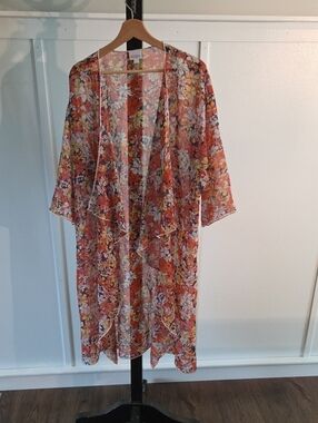 LuLaRoe Orange Floral SheerKimono L 07-10